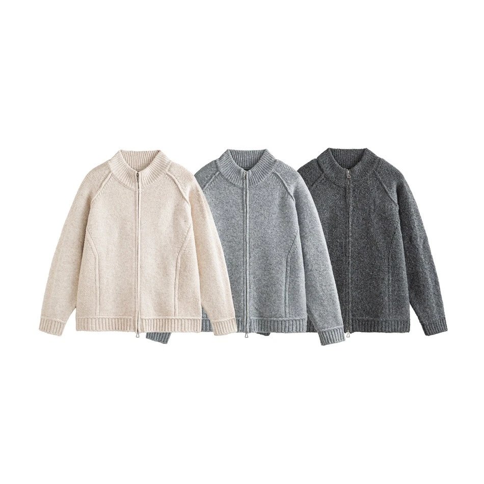 Fall Winter Unisex Full-Zip Retro Knit Sweater Cardigan Ash Grey - Gallery Image 1 - Detailed View