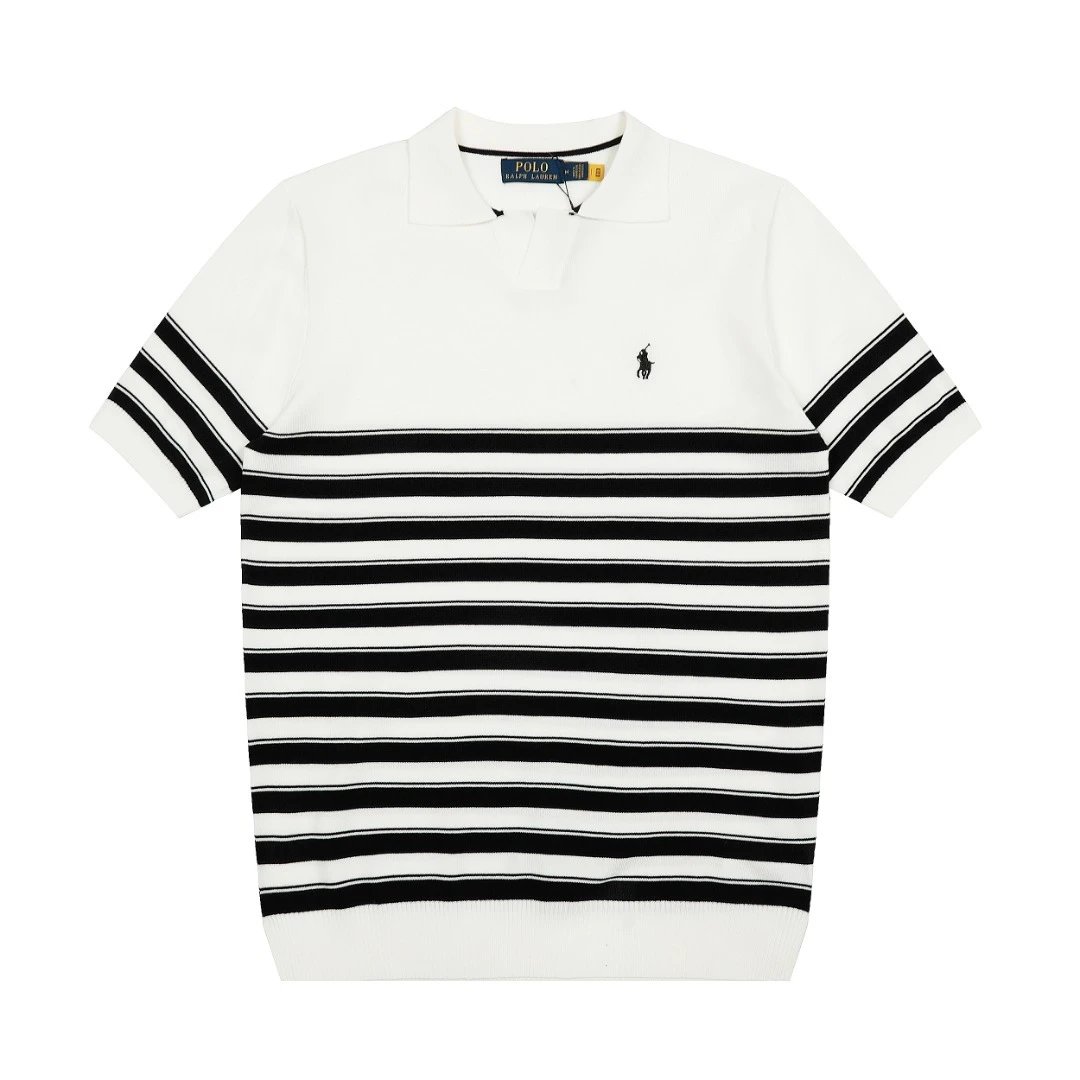 Striped Knit V-Neck Polo Casual Tee Off-White - Ralph Lauren - Cnfans - $28.06