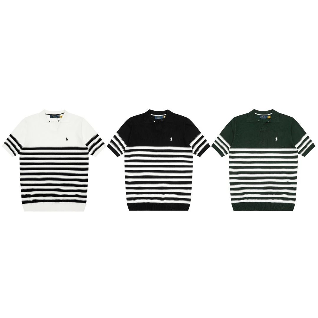 Striped Knit V-Neck Polo Shirt Summer Casual Bottle Green - Gallery Image 1 - Detailed View