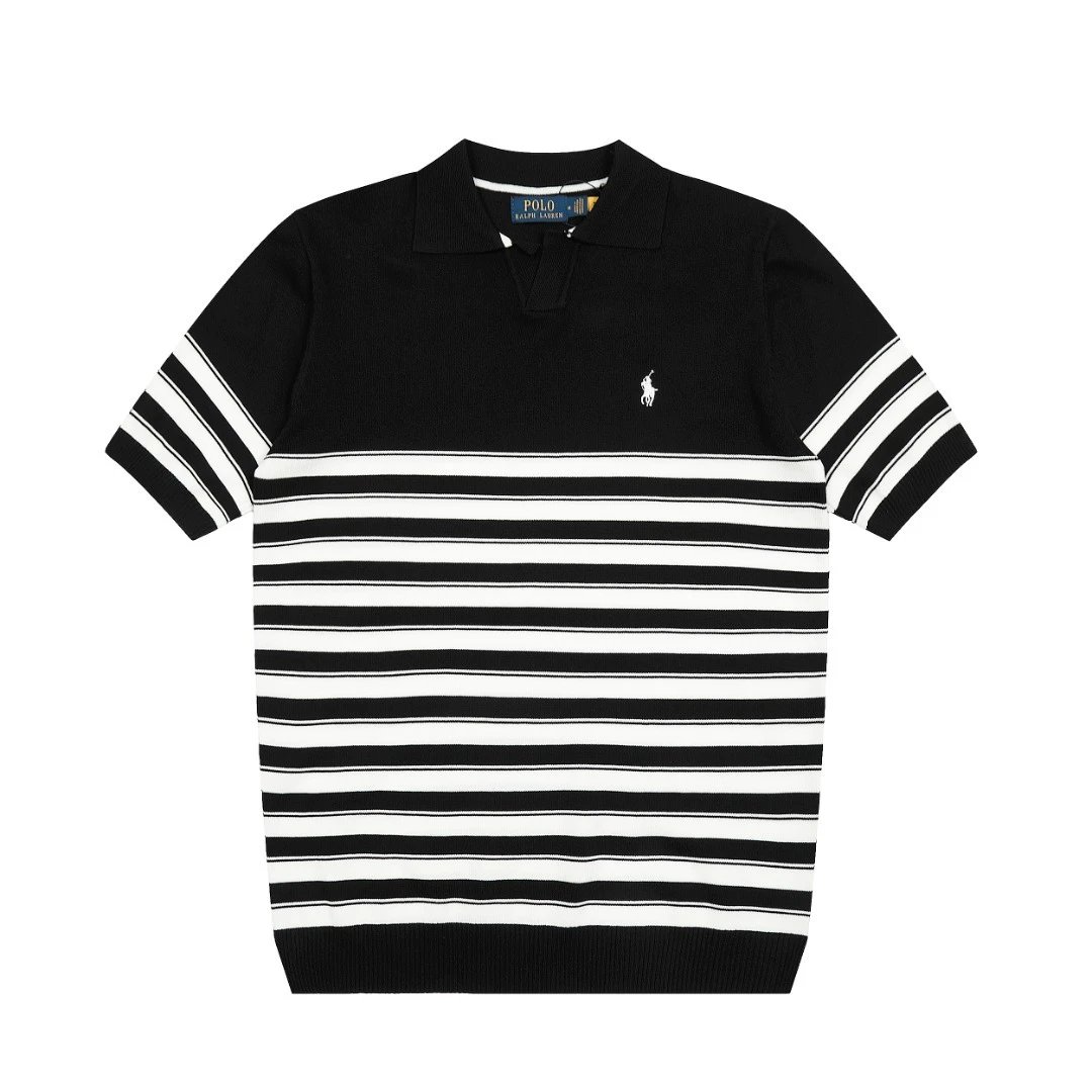 Striped Knit V-Neck Polo Shirt Summer Casual Bottle Green - Gallery Image 2 - Detailed View