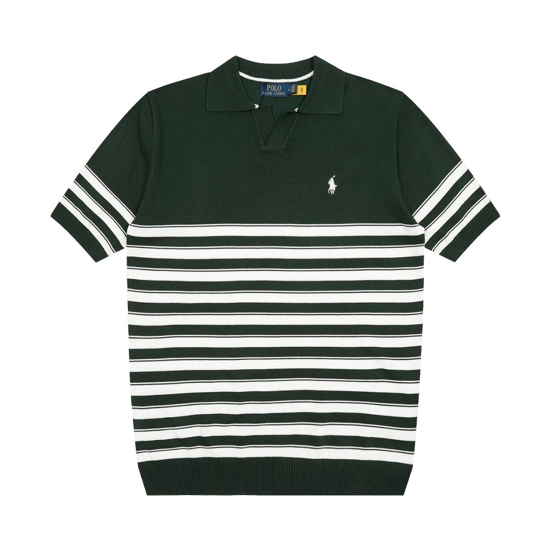 Striped Knit V-Neck Polo Shirt Summer Casual Bottle Green - Gallery Image 4 - Detailed View