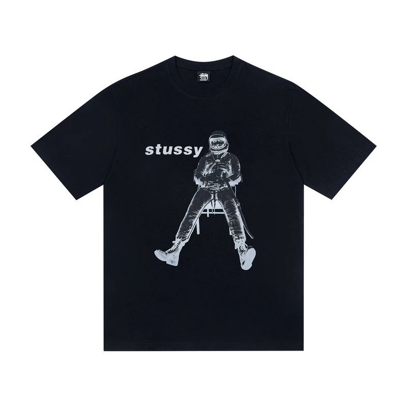 Casual Print Tee Unisex Cotton T-Shirt Jet Black - Stussy - Cnfans - $19.35