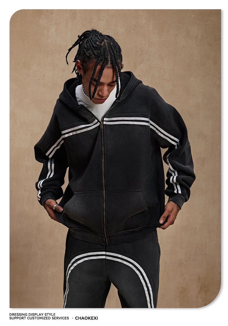 Men's Fleece Sport Knit Zip Up Hoodie Set Washed Black - Gallery Image 6 - Detailed View