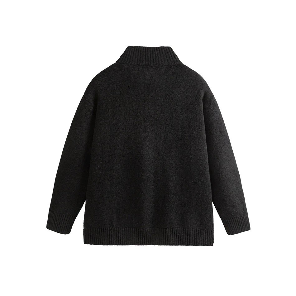 Unisex Retro Knit Full-Zip Cardigan Fall Sweater Onyx Black - Gallery Image 5 - Detailed View