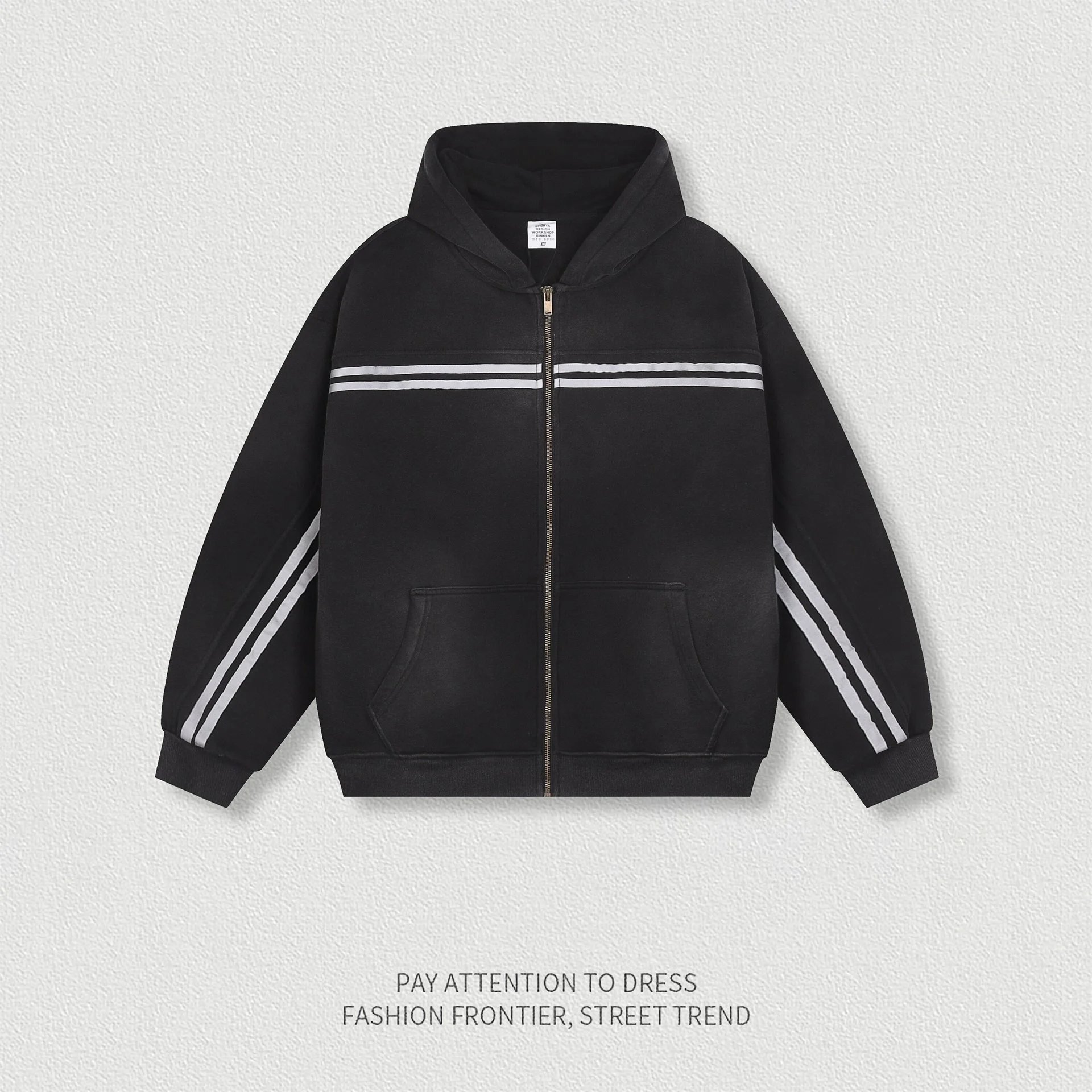 Men's Fleece Sport Knit Zip Up Hoodie Set Washed Black - Gallery Image 2 - Detailed View