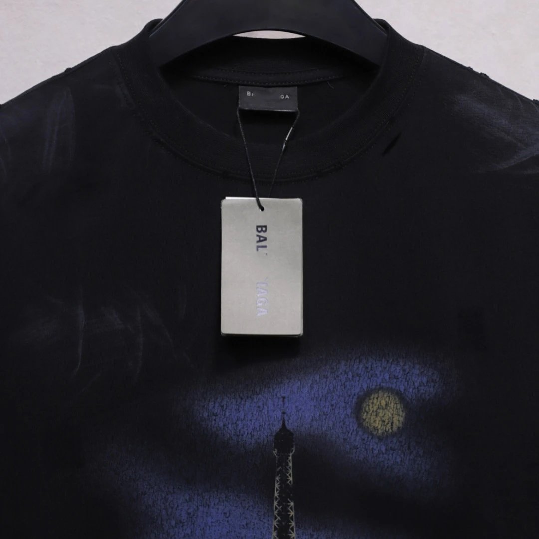 Balenciaga Paris Black Distressed Tee - Gallery Image 3 - Detailed View