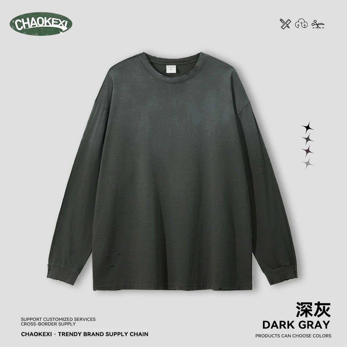 Vintage Oversize Long Sleeve Tee Shirt, Charcoal - CHAOKEXI - Cnfans - $22.50