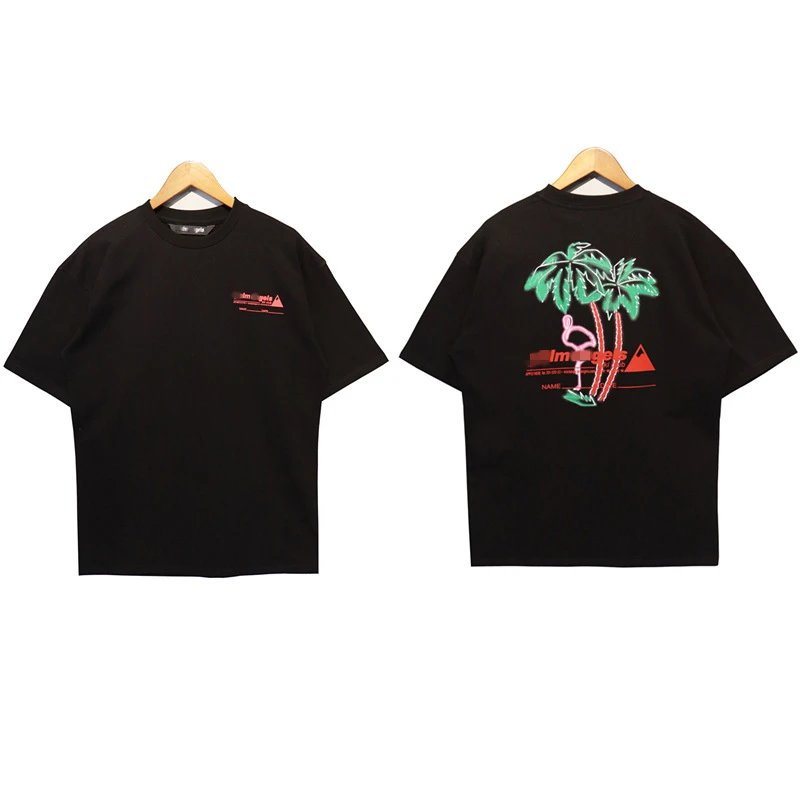 Streetwear Flamingo Palm Tree Tee Black Ivory - Gallery Image 3 - Detailed View