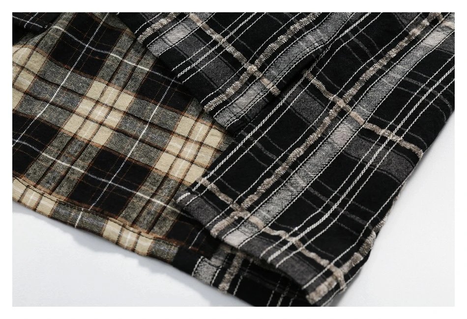 Unisex Oversized Patchwork Plaid Shirt, Earth Tone Plaid - Gallery Image 14 - Detailed View