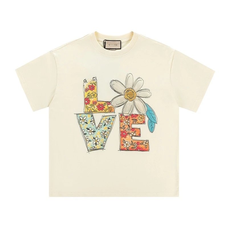 Floral Cotton Graphic Tee Casual T-Shirt - Ecru - Gucci - Cnfans - $23.55
