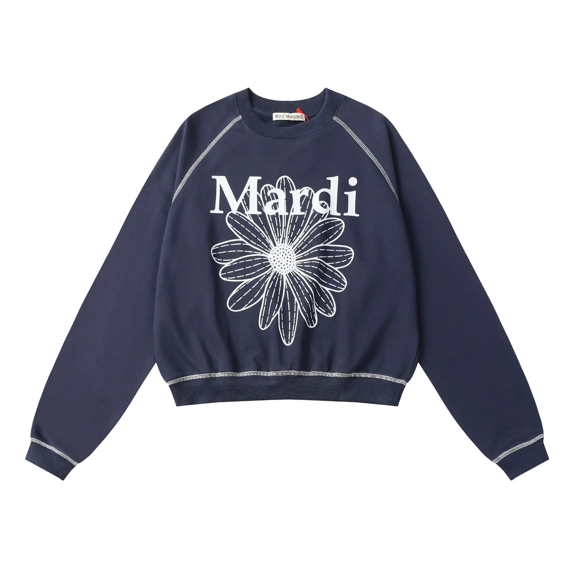 Chic Daisy Print Raglan Crop Sweatshirt, Midnight Blue - Mardi Mercredi - Cnfans - $28.06