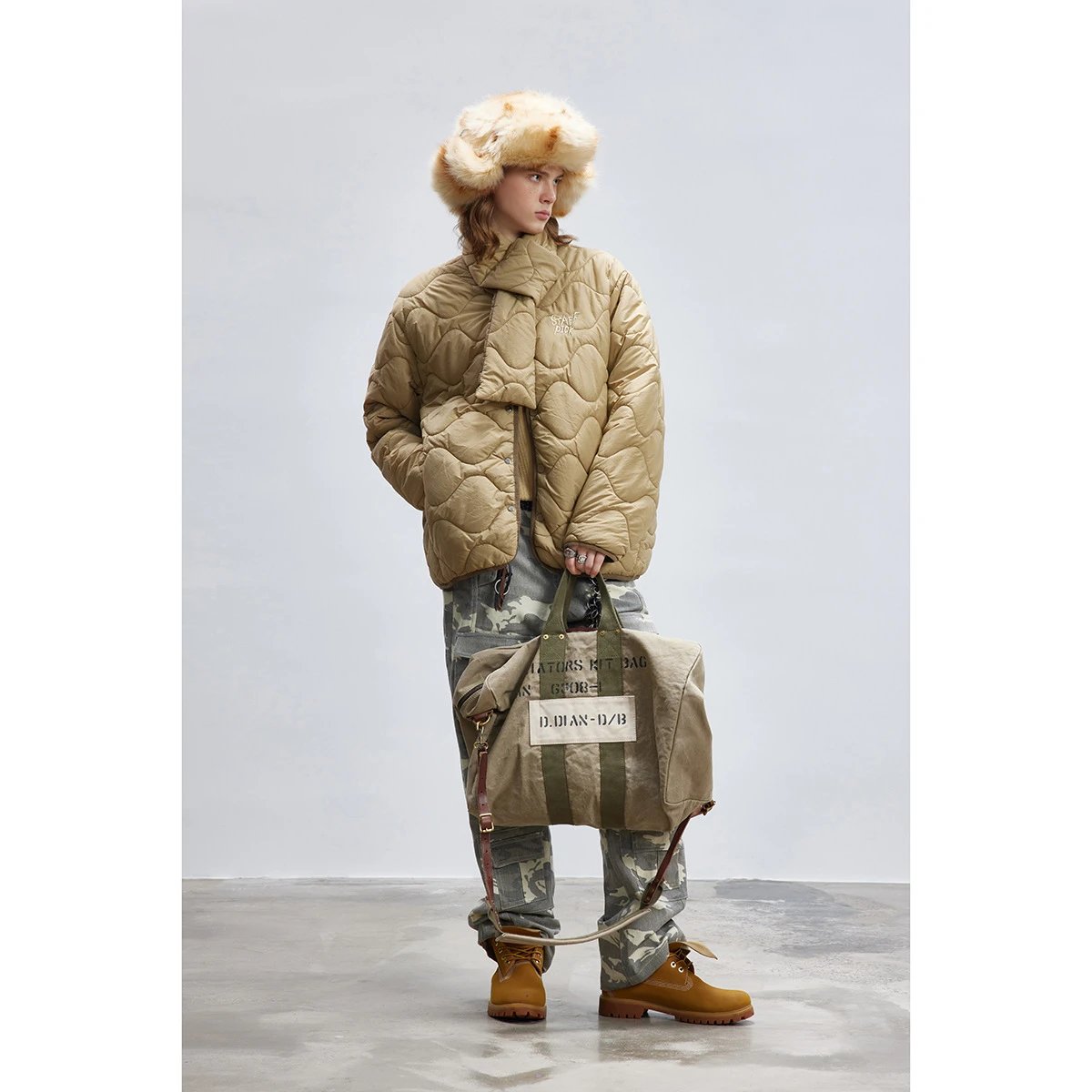 Retro Unisex Winter Quilted Padded Jacket Desert Taupe - Gallery Image 3 - Detailed View