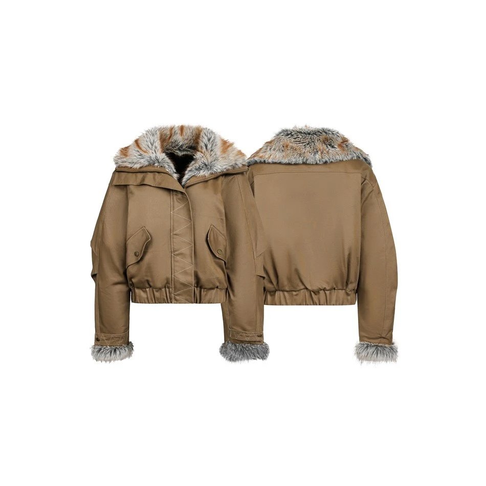 Women's Winter Oversized Faux Fur Bomber Jacket Camel - Gallery Image 5 - Detailed View