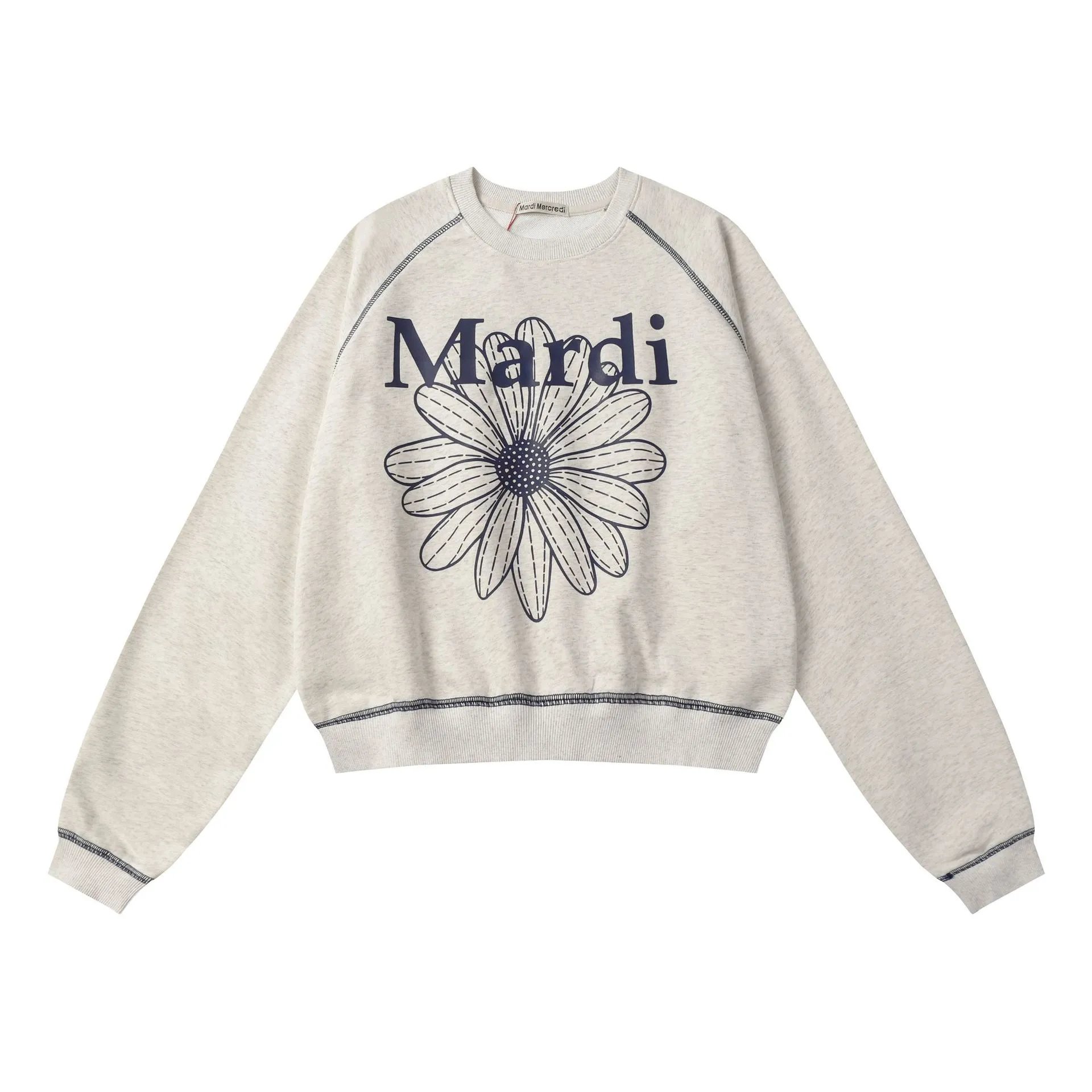 Chic Daisy Print Raglan Crop Sweatshirt, Midnight Blue - Gallery Image 4 - Detailed View