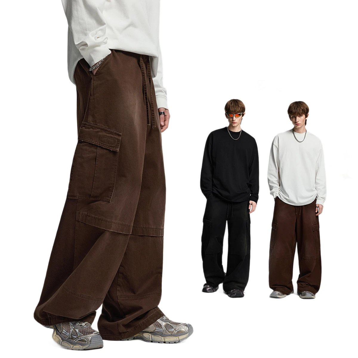 Vintage Cargo Pants Mens Autumn Wide Leg Coffee Brown - Gallery Image 2 - Detailed View