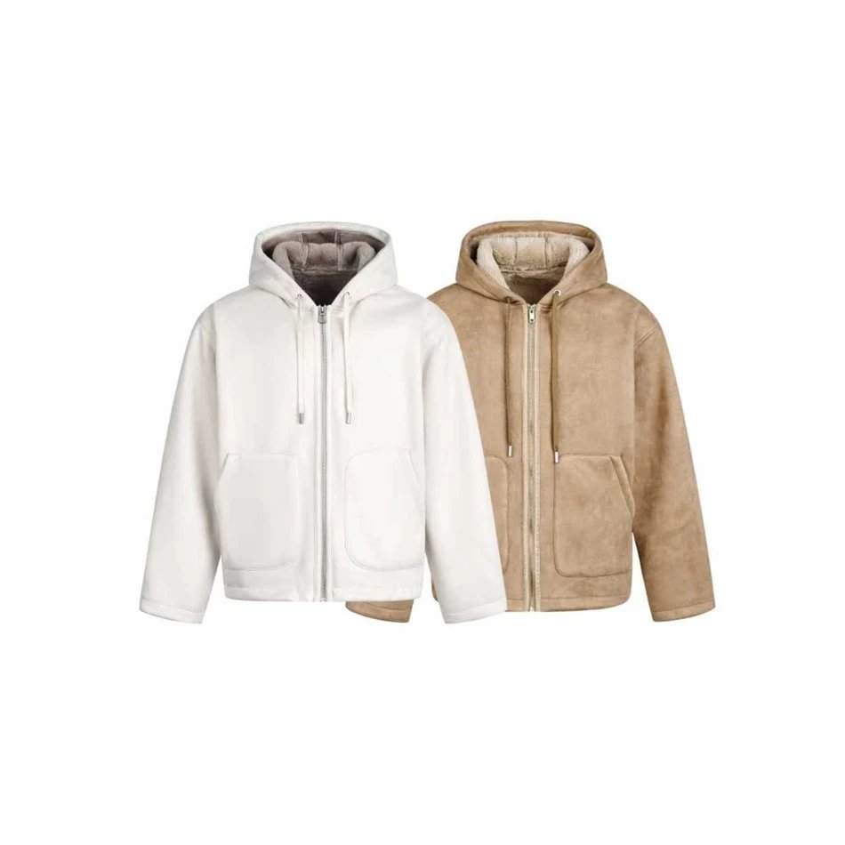 Retro Loose Fit Unisex Faux Suede Sherpa Lined Jacket, Ecru - Gallery Image 10 - Detailed View