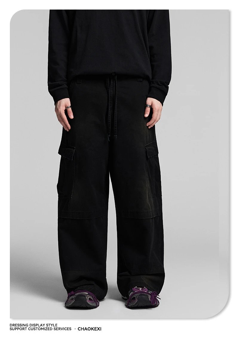 Vintage Cargo Pants Mens Autumn Wide Leg Coffee Brown - Gallery Image 8 - Detailed View