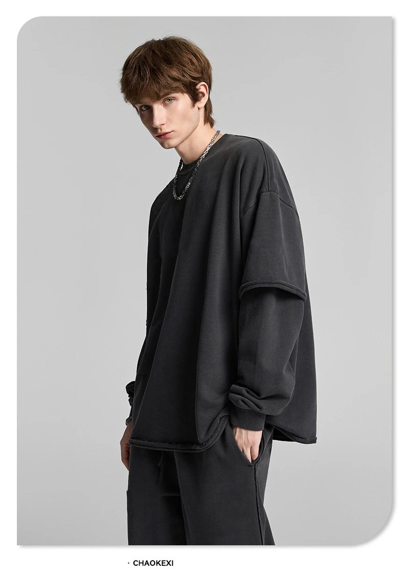 Men Boxy 420g Double Layer Fake Two-Piece Hoodie Charcoal - Gallery Image 8 - Detailed View