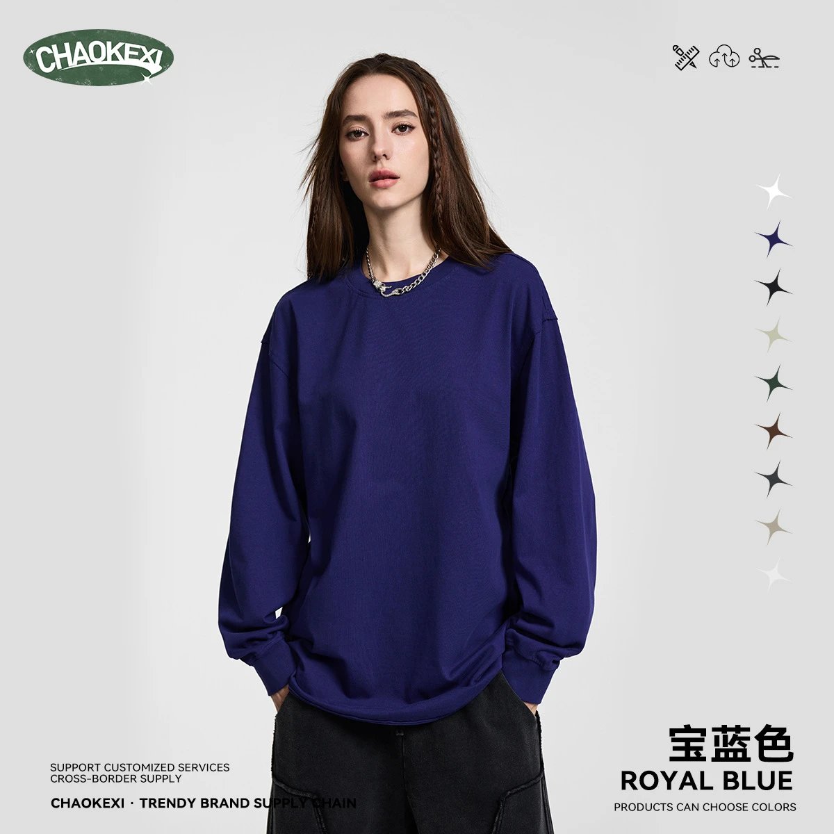 Unisex Cotton Long Sleeve Tee Casual Royal Blue - ChaoKeXi - Cnfans - $21.85