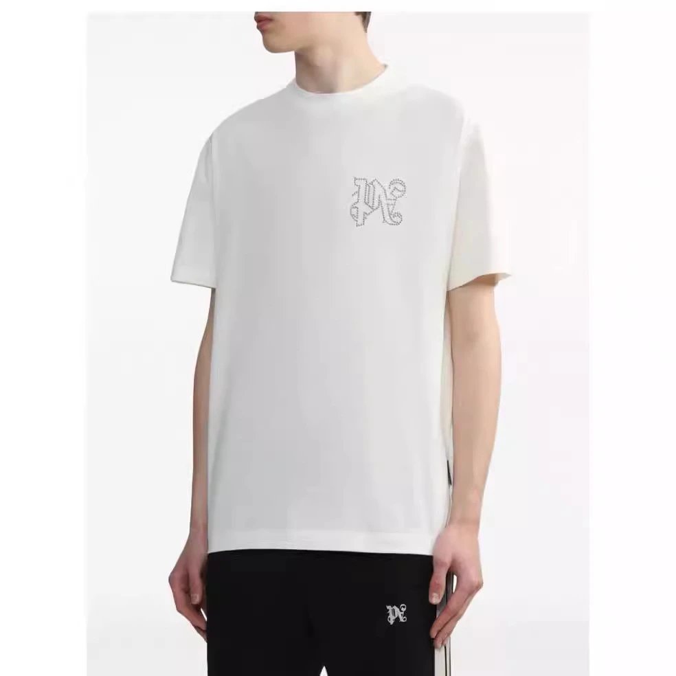 Unisex Rhinestone Logo Streetwear Cotton T-Shirt Ivory - Gallery Image 11 - Detailed View