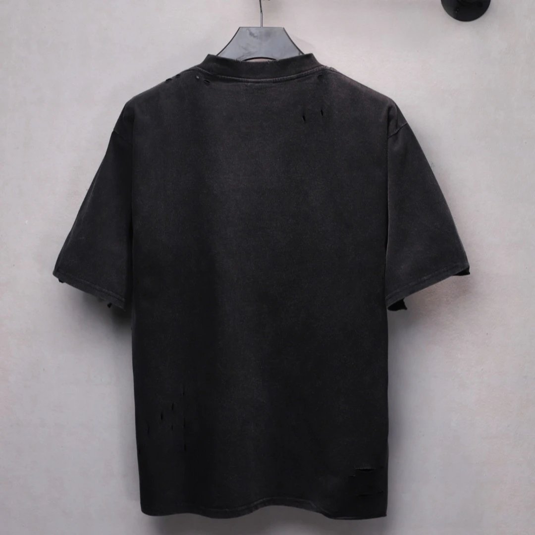 Unisex Oversized Distressed Graphic Tee, Washed Charcoal - Gallery Image 4 - Detailed View