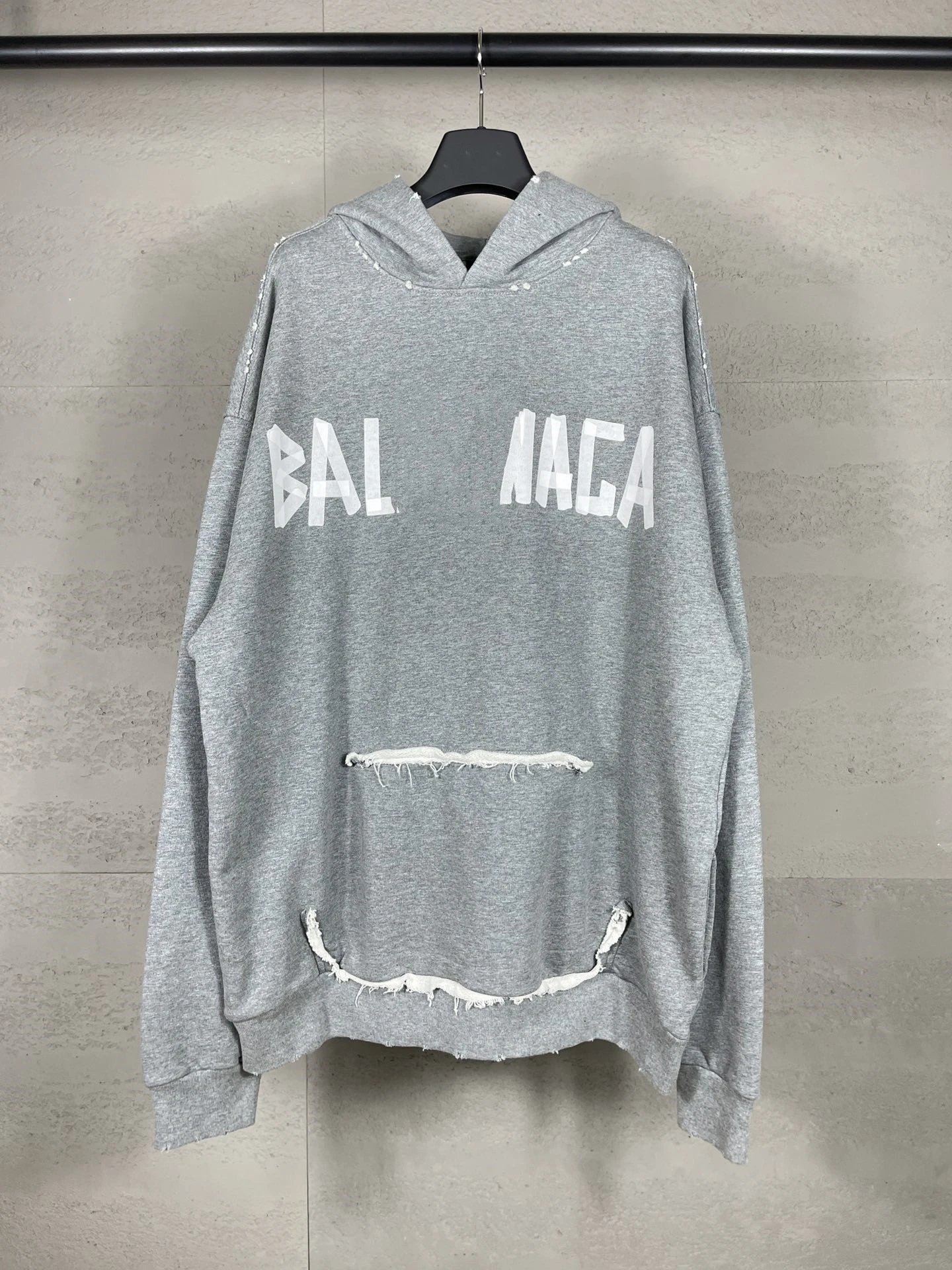 Unisex Oversized Distressed Hoodie, Smile Pocket, Ash Grey - High Quality Product Image - Cnfans