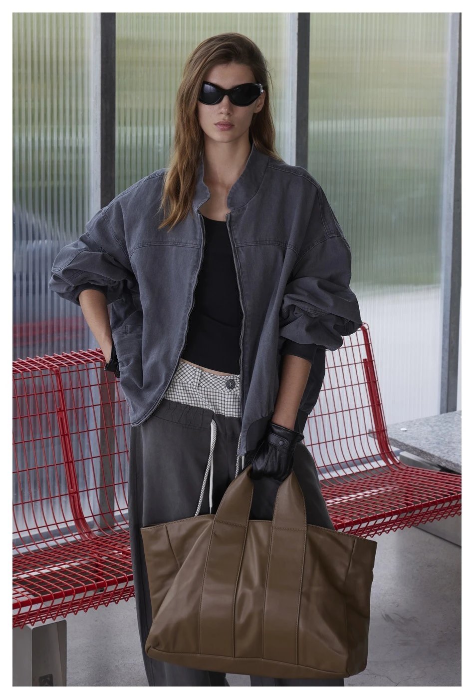 Unisex Retro Washed Loose Bomber Jacket Merlot - Gallery Image 4 - Detailed View