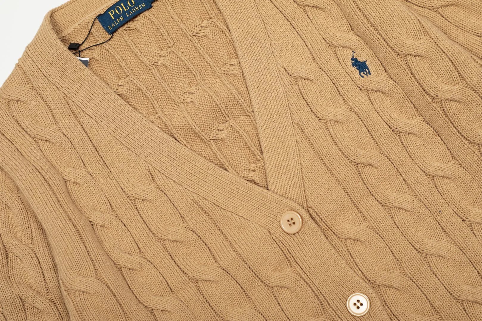 Classic Knit Cotton Cardigan Sweater Camel - Gallery Image 13 - Detailed View