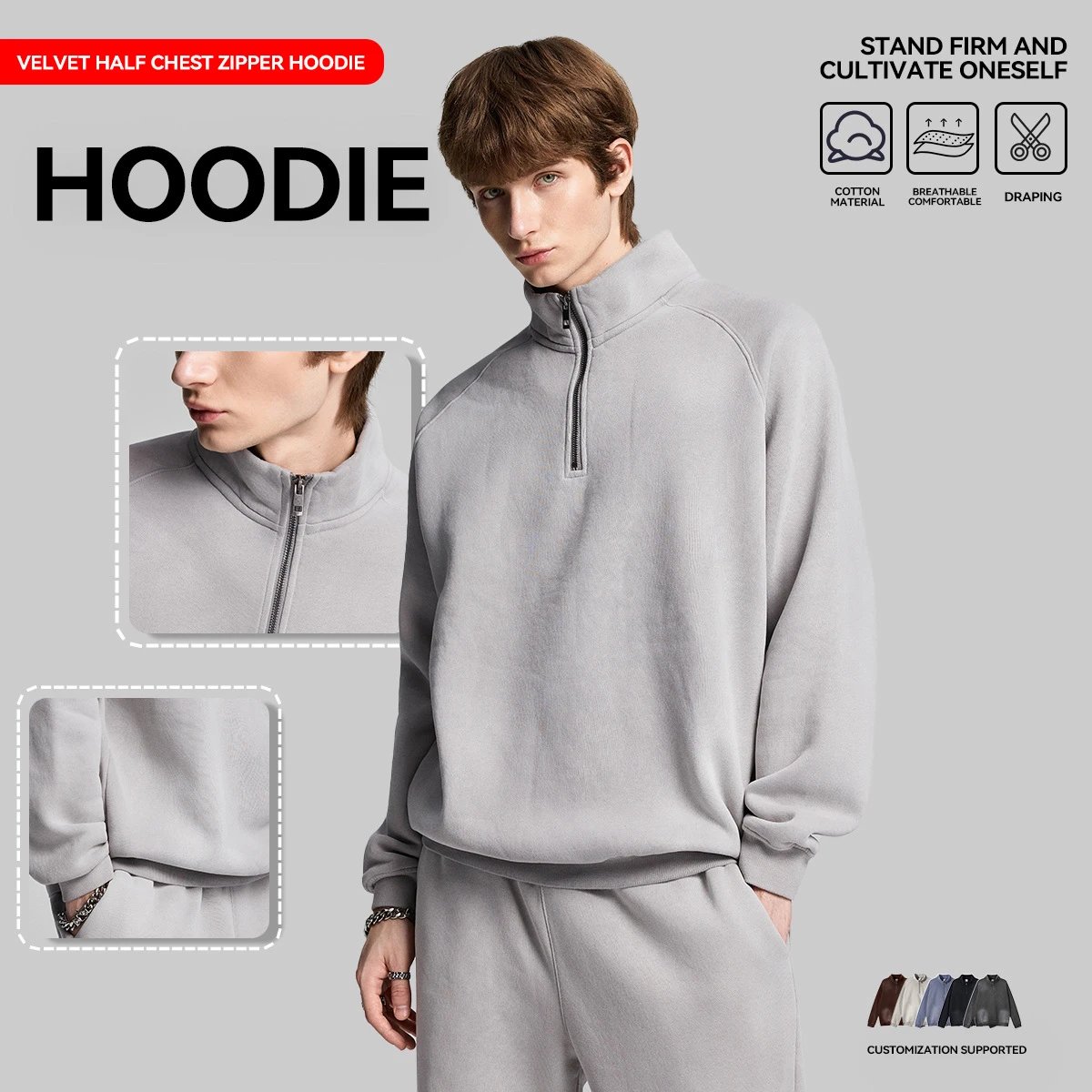 Retro 420g Heavyweight Half Zip Fleece Hoodie Unisex Slate - Gallery Image 2 - Detailed View