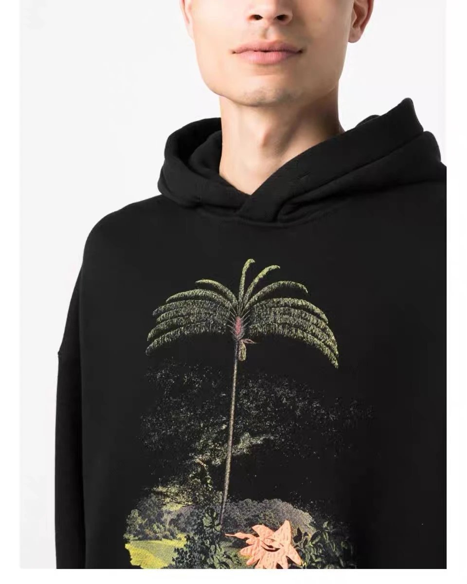 Street Palm Tree Cotton Hoodie Unisex Jet Black - Gallery Image 5 - Detailed View