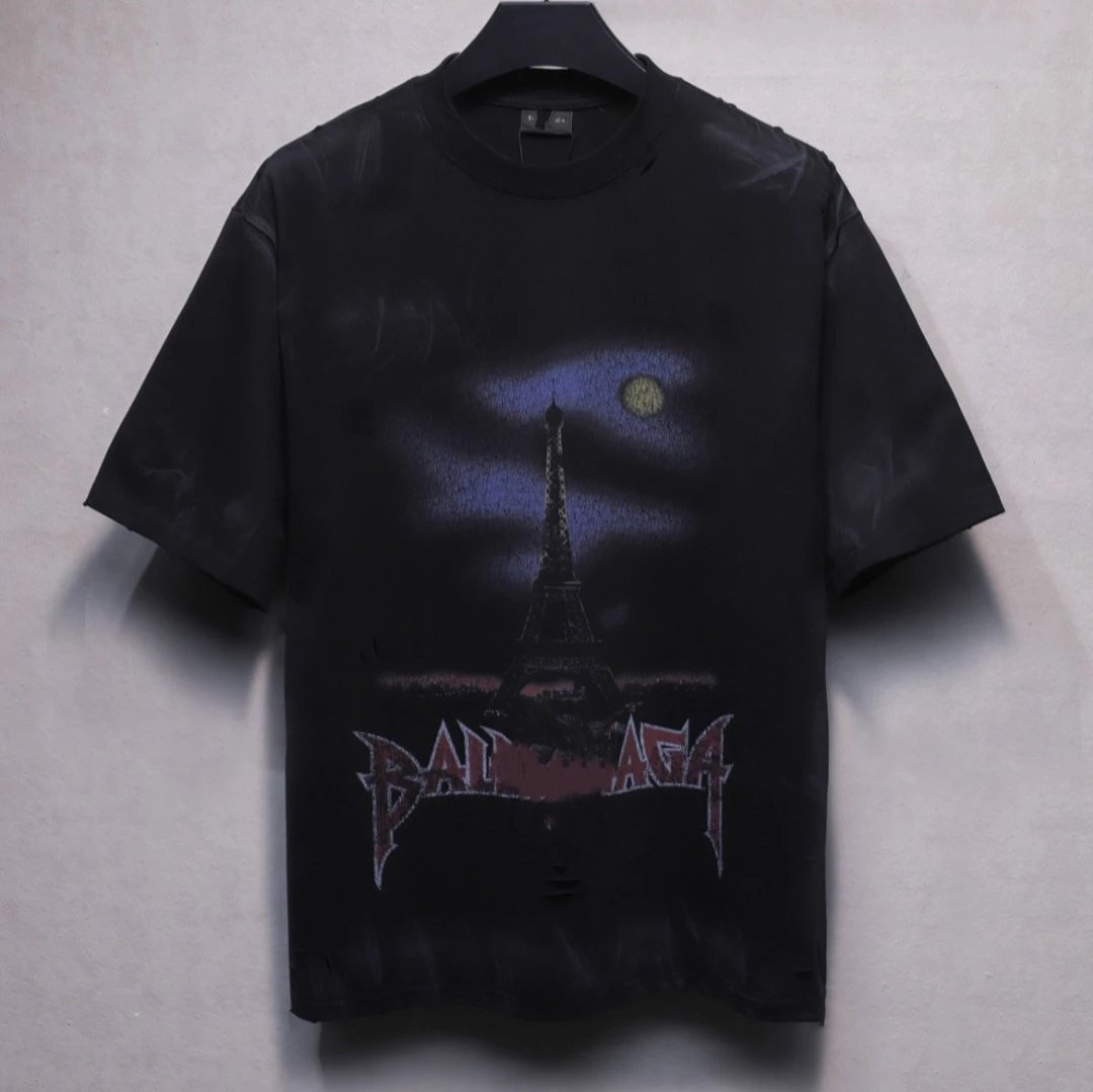 Balenciaga Paris Black Distressed Tee - Gallery Image 1 - Detailed View