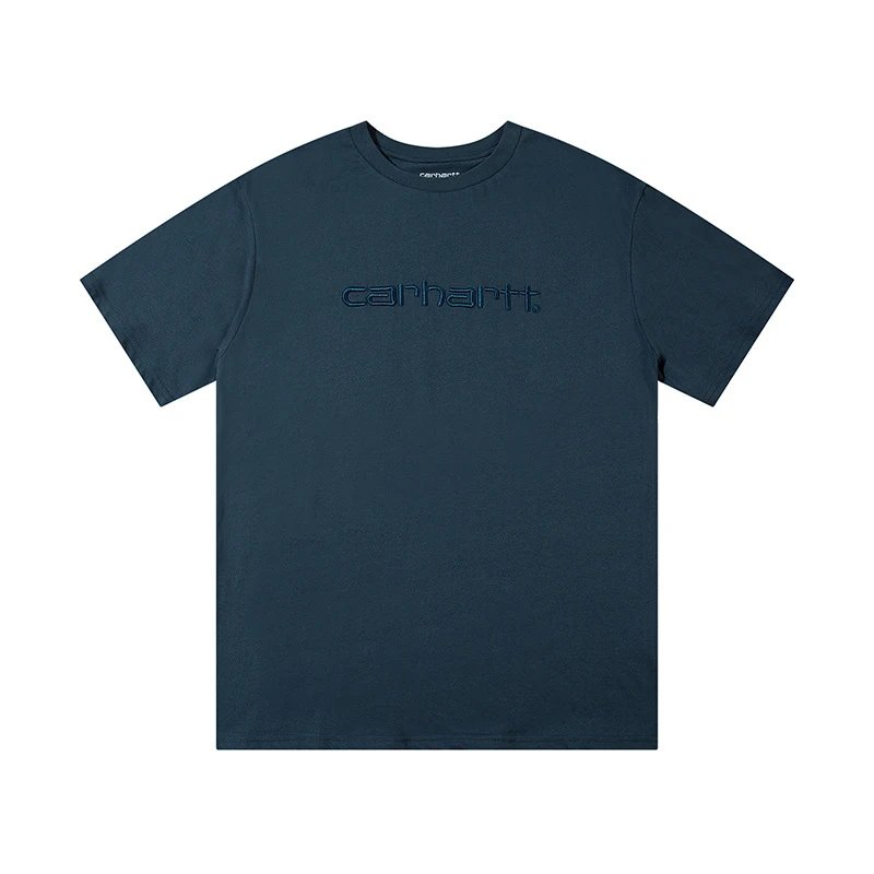Embroidered Logo Cotton Tee Unisex Short Sleeve -Teal - Carhartt - Cnfans - $18.06