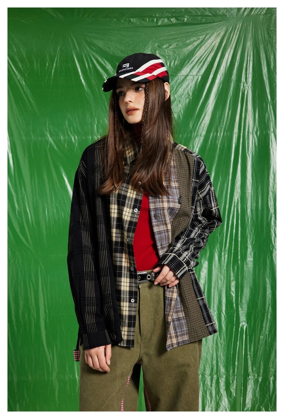 Unisex Oversized Patchwork Plaid Shirt, Earth Tone Plaid - Gallery Image 1 - Detailed View