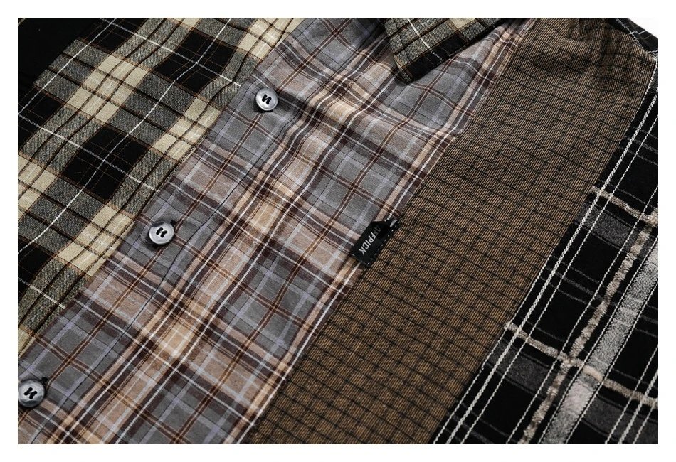 Unisex Oversized Patchwork Plaid Shirt, Earth Tone Plaid - Gallery Image 8 - Detailed View