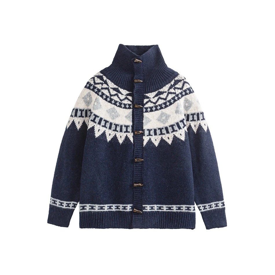 Unisex Retro Fair Isle Knit Toggle Cardigan Sweater Charcoal Grey - Gallery Image 3 - Detailed View