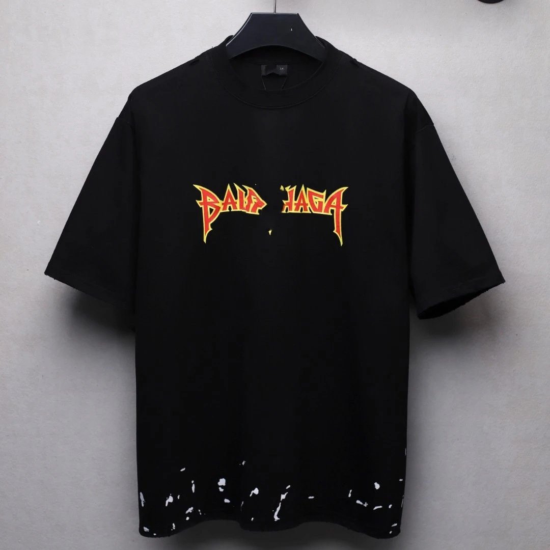 Balenciaga Rock Distressed Black Tee - Gallery Image 1 - Detailed View