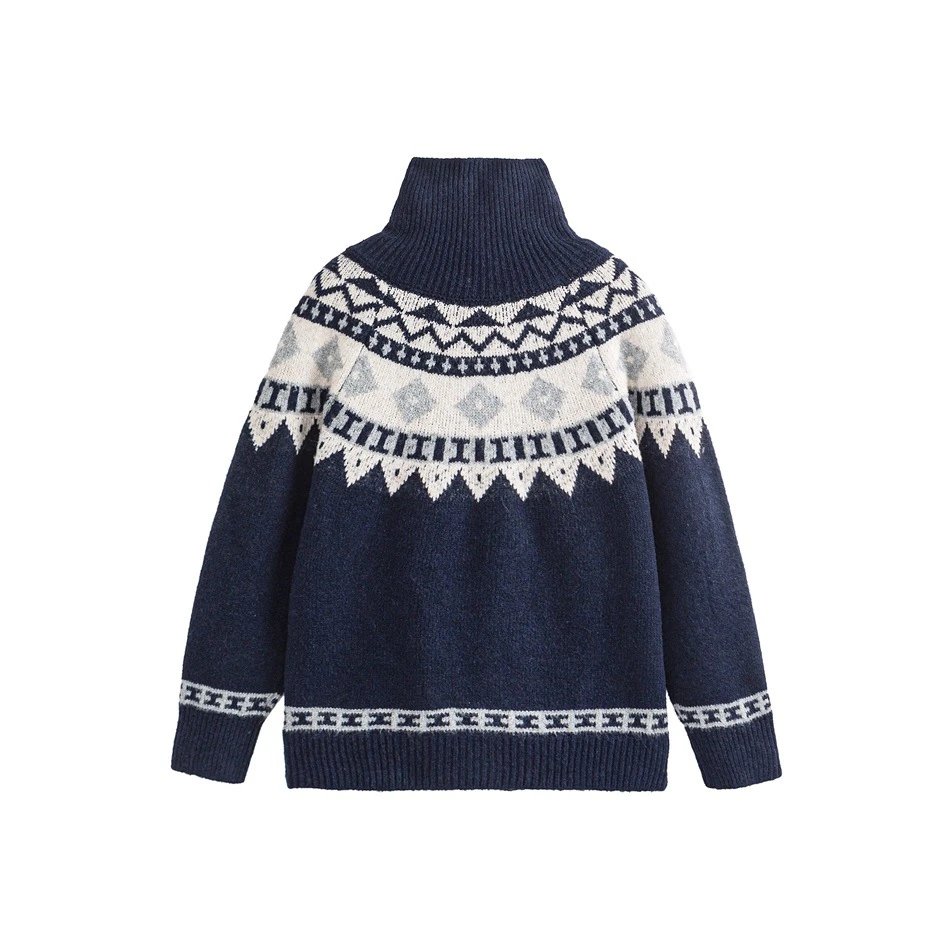 Retro Unisex Winter Fair Isle Knit Cardigan Deep Navy - Gallery Image 5 - Detailed View