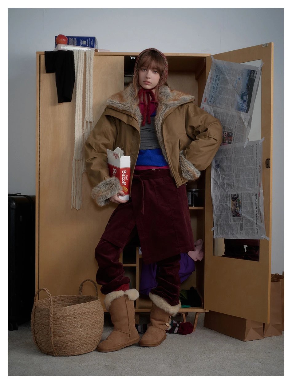 Women's Winter Oversized Faux Fur Bomber Jacket Camel - Gallery Image 4 - Detailed View