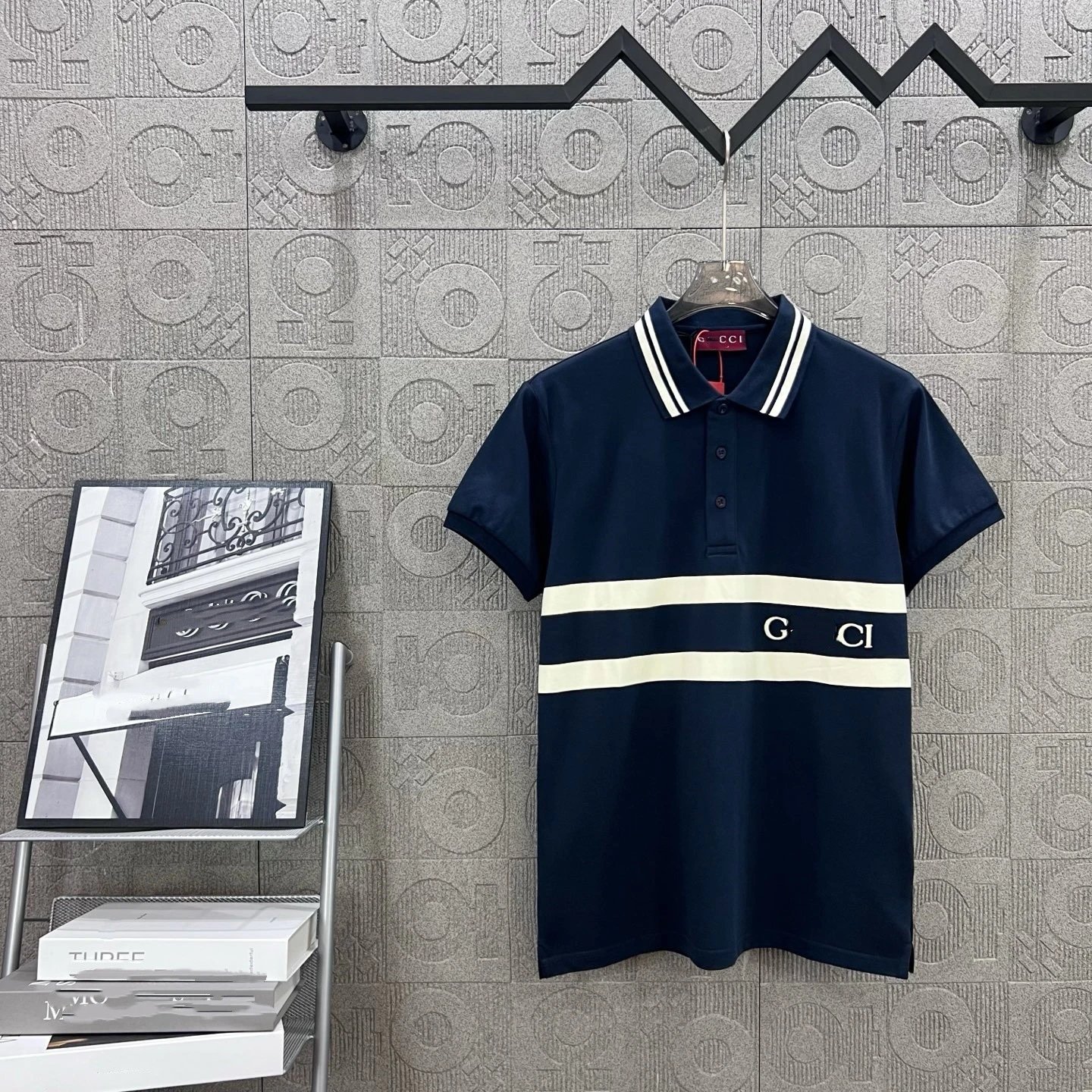 Cotton Striped Logo Polo Shirt, Unisex - Navy - Gucci - Cnfans - $33.23