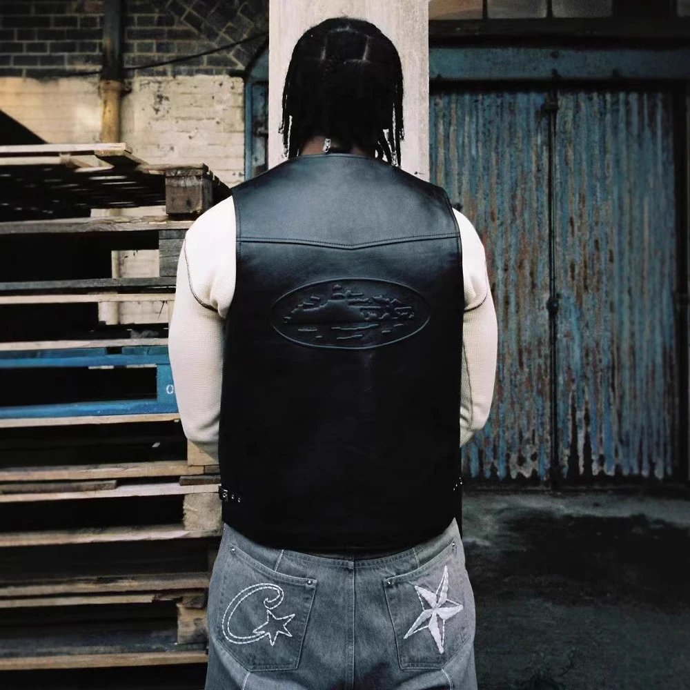 Street PU Biker Vest Ebony Ivory - Gallery Image 11 - Detailed View