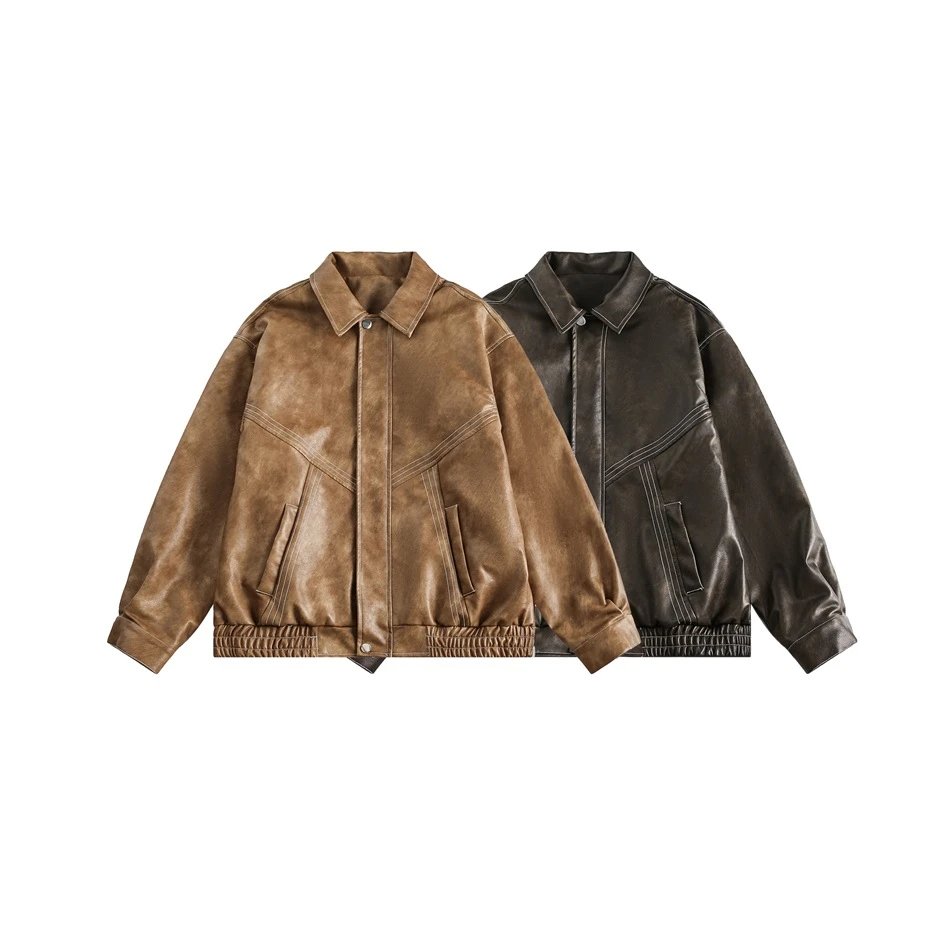 Men's Retro PU Leather Biker Jacket Spring Fall, Cognac - Gallery Image 1 - Detailed View