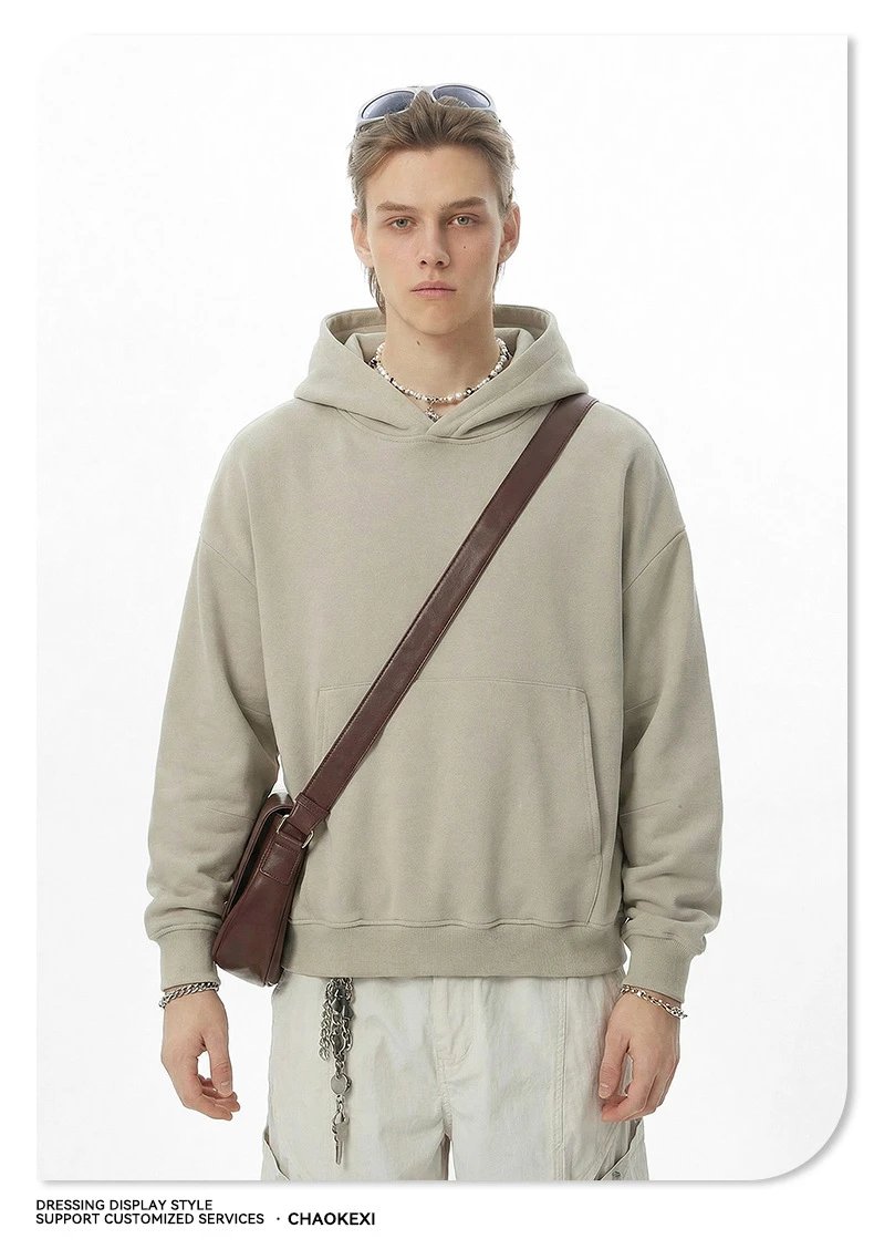 Heavyweight 330g Fleece Pullover Hoodie Streetwear Men Aubergine - Gallery Image 12 - Detailed View