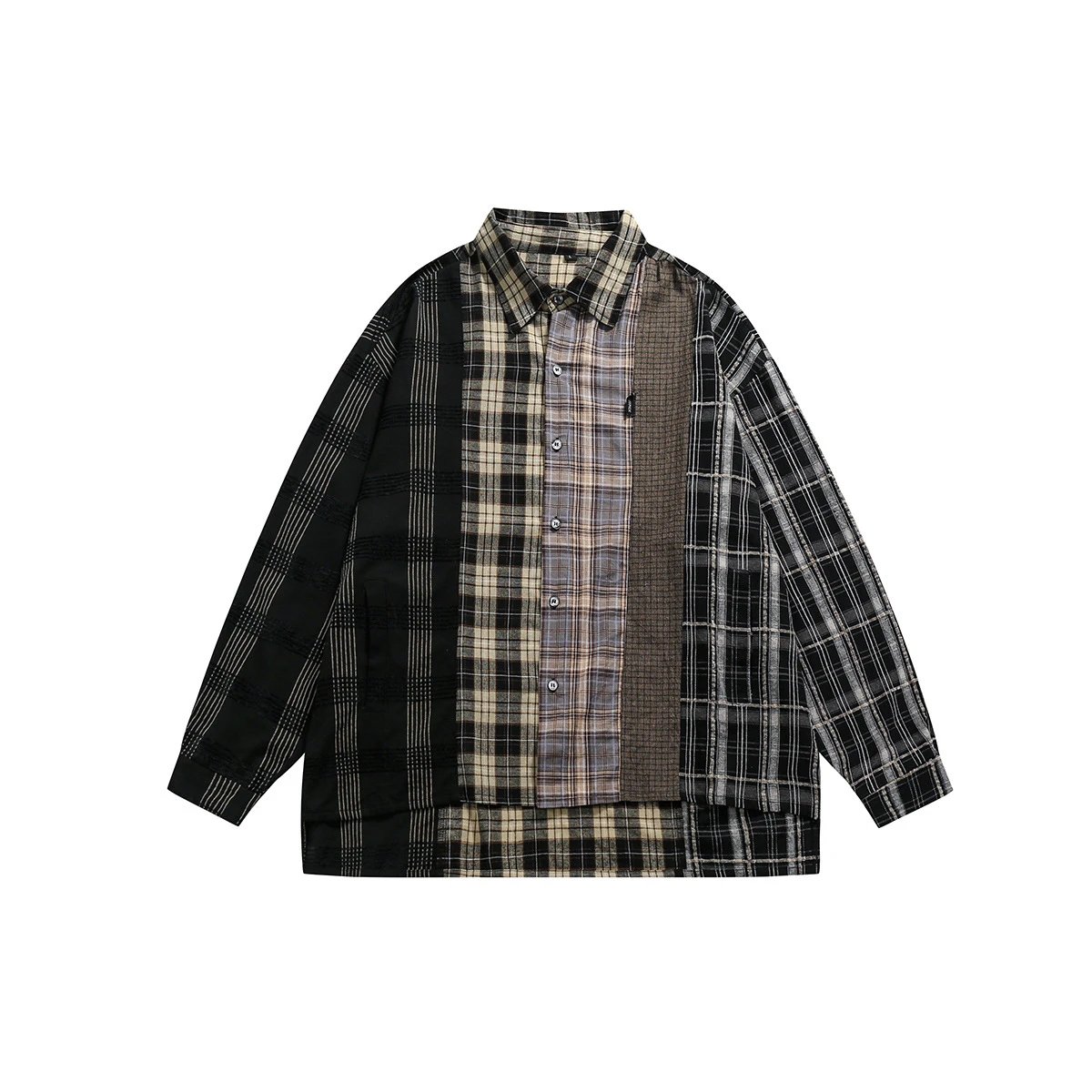 Unisex Oversized Patchwork Plaid Shirt, Earth Tone Plaid - Gallery Image 5 - Detailed View