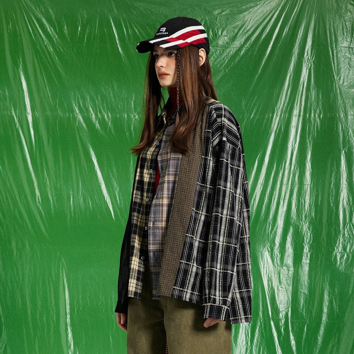 Unisex Oversized Patchwork Plaid Shirt, Earth Tone Plaid - Gallery Image 2 - Detailed View