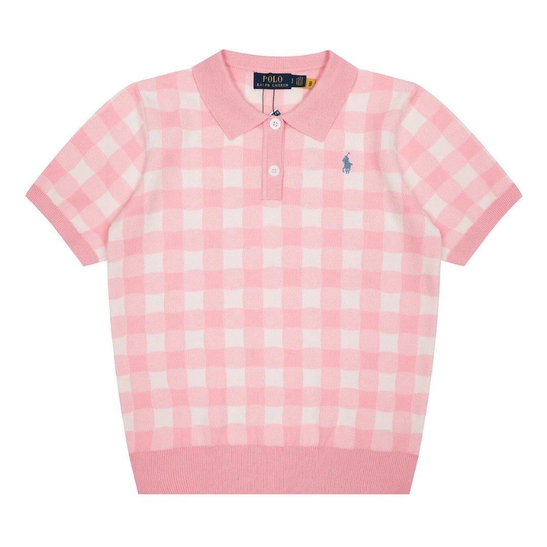 Gingham Knit Polo Top, Women's Short Sleeve, Rose - Gallery Image 3 - Detailed View