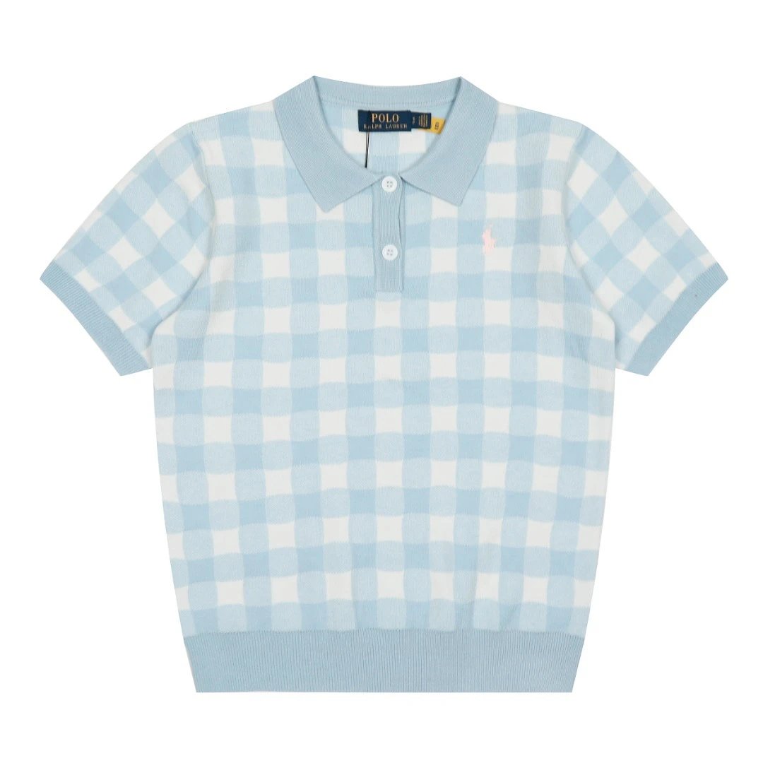 Plaid Knitted Polo Shirt Women's Top Azure - Ralph Lauren - Cnfans - $28.06