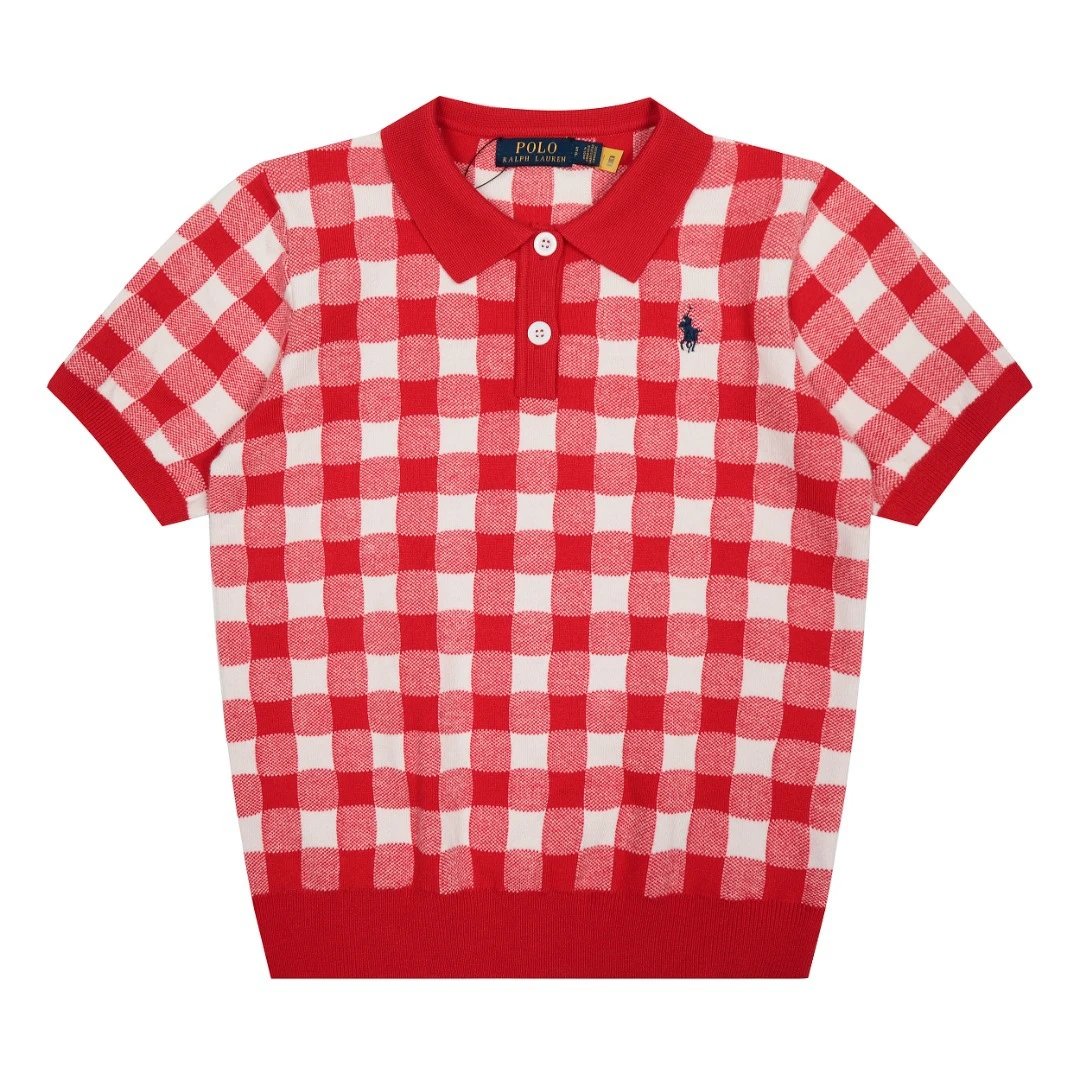 Gingham Knit Polo Top Ladies Casual Vermilion - Ralph Lauren - Cnfans - $28.06