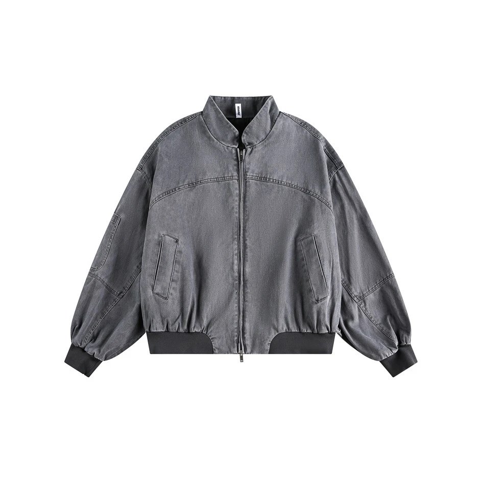 Unisex Retro Stand Collar Pilot Jacket Washed Cotton, Charcoal Grey - Staffpick - Cnfans - $50.77