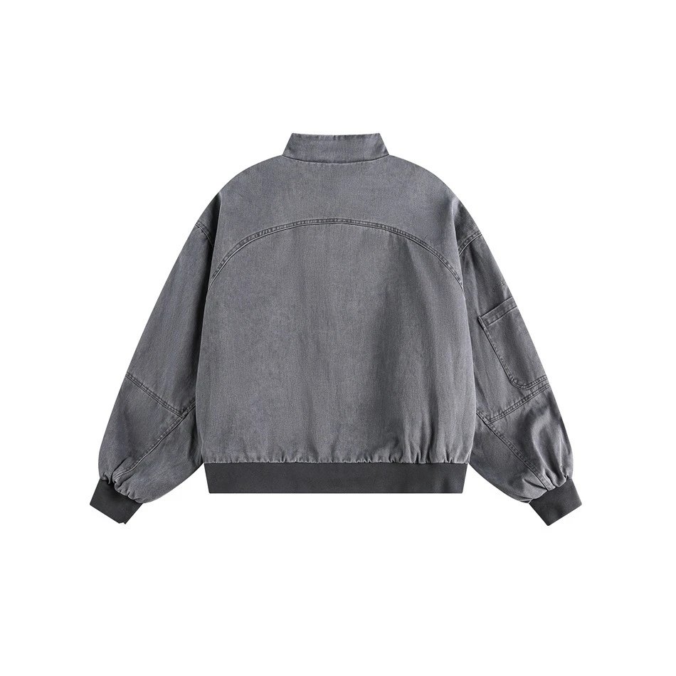 Unisex Retro Washed Loose Bomber Jacket Merlot - Gallery Image 8 - Detailed View