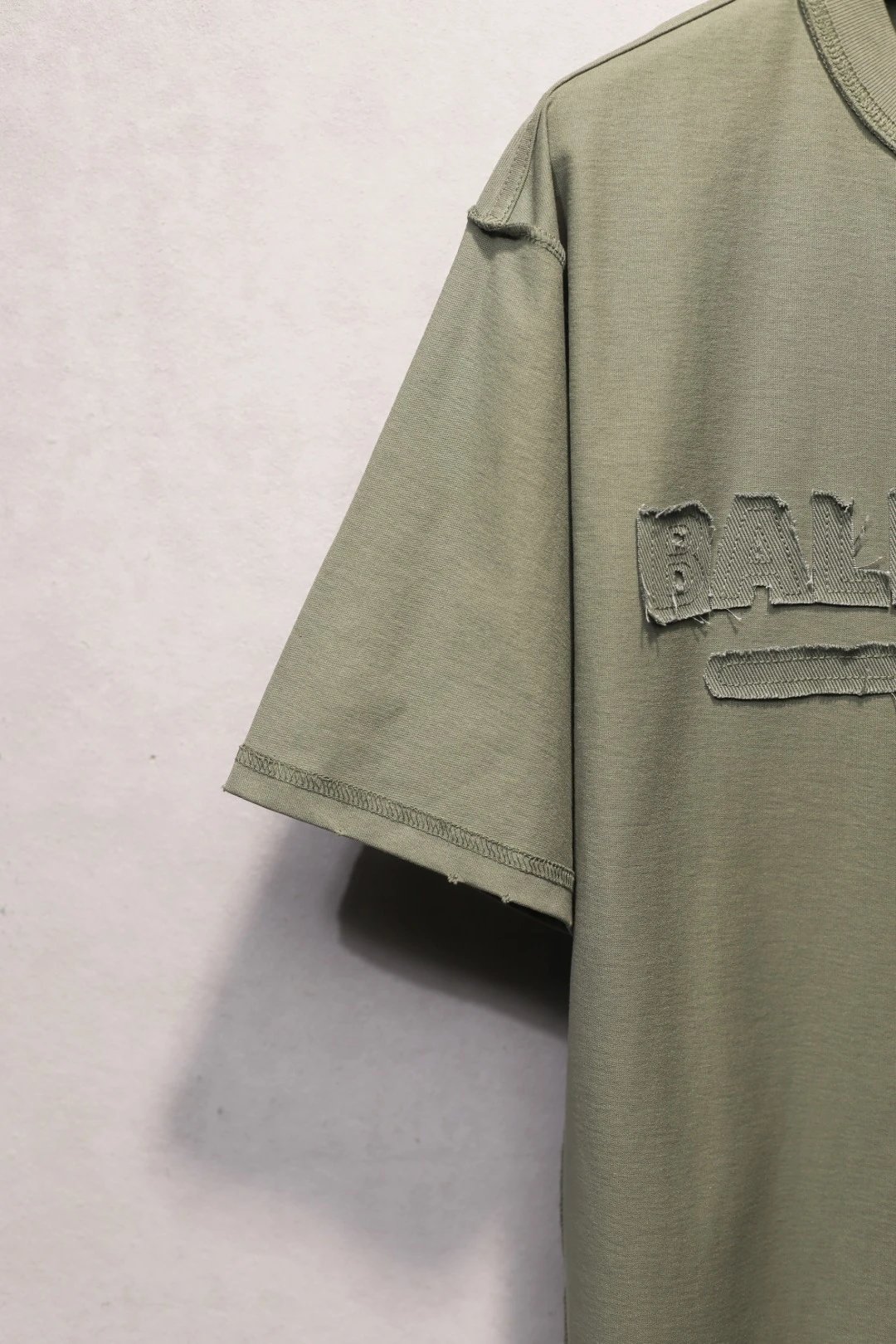 Unisex Oversized Embroidered Raw Hem T-Shirt Sage Green - Gallery Image 6 - Detailed View